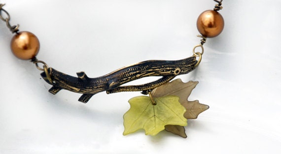 Maple Leaf  Branch Bracelet With Swarovski Cooper Glass Pearls Free Gift Wrap