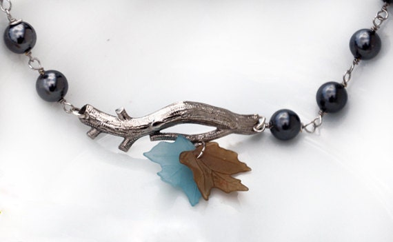 Maple Leaf  Branch Bracelet With Black Swarovski Glass Pearls  Free Gift Wrap