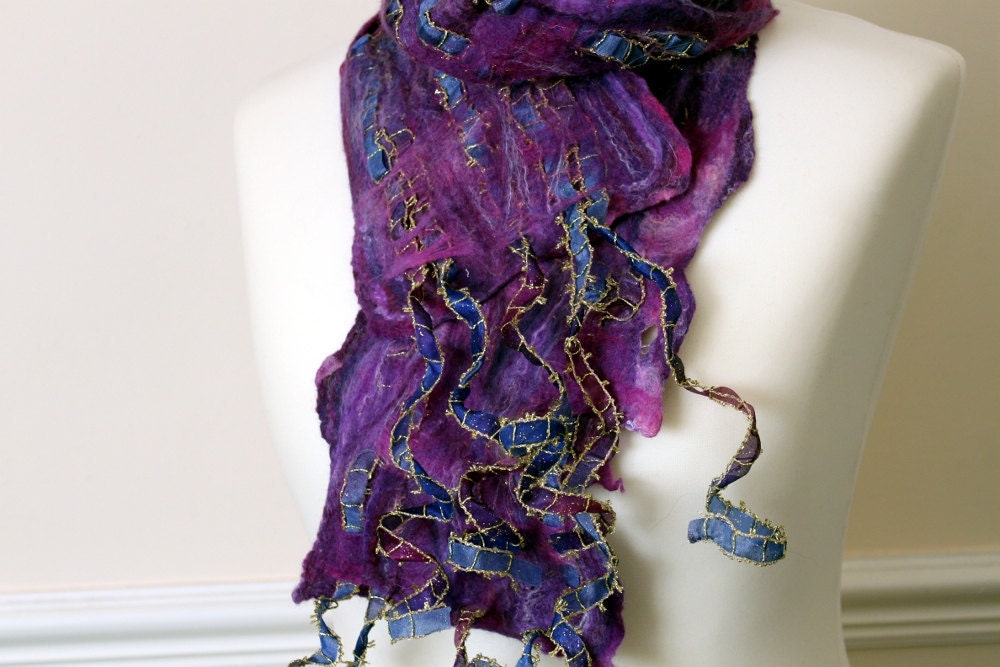 Felt Scarf Hand felted Merino Silk and Ribbons