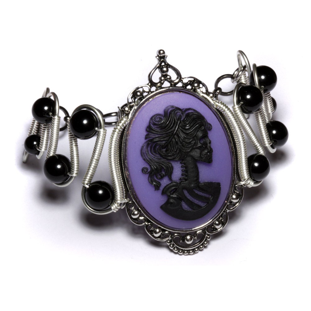 Steamgoth Bracelet - Purple and Black Skeleton Lolita portrait Cameo