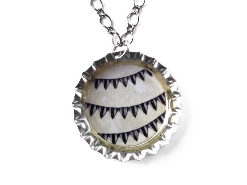 Tiny Bunting Necklace. 3 Small Black & White Striped Pennant Buntings in a Bottlecap Pendant.