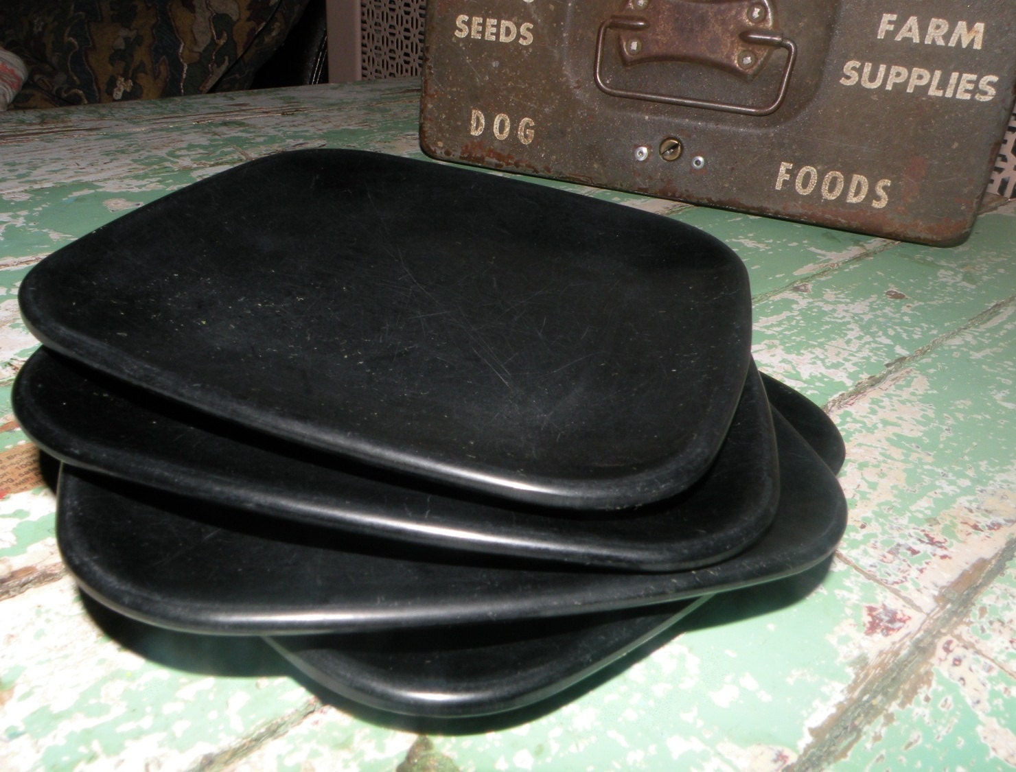 Melmac Bread Plates Black Brookpark Joan Luntz melamine fill ins DULL condition