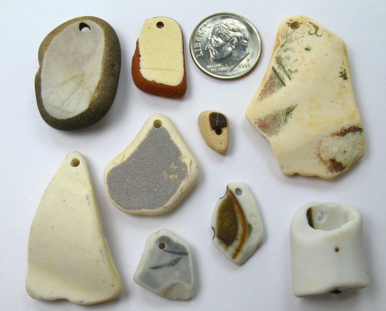 9 Drilled Pottery Pieces for Painting or Jewelry Making