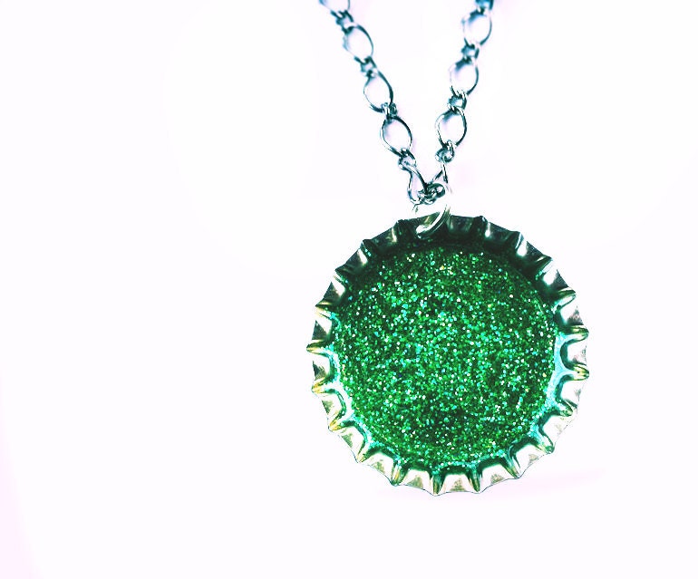 Kelly Green Bottlecap Necklace. Glitter Pendant by Everyday Bohemian.