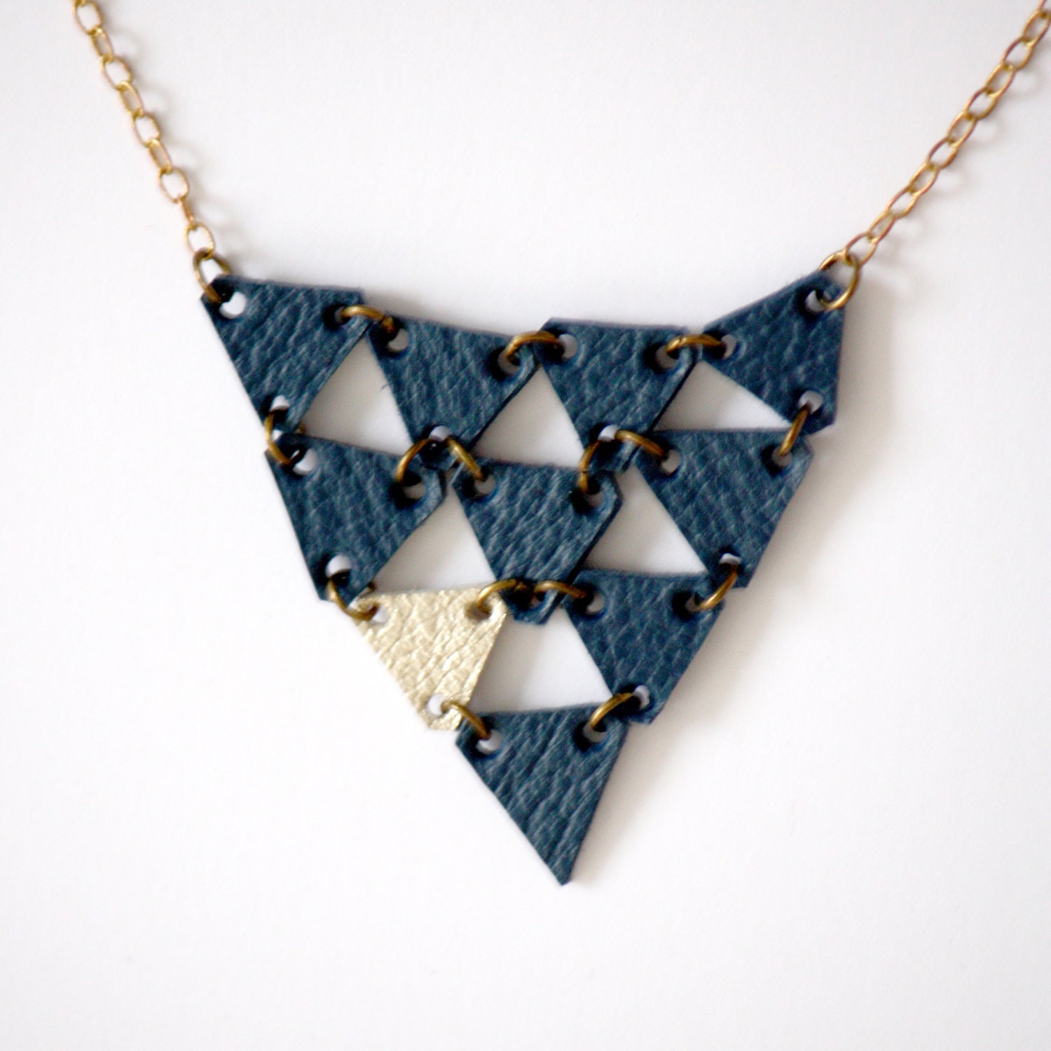 Blue and silver-gold little triangle, leather necklace