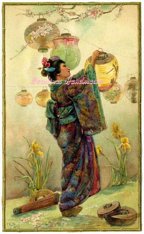 Asian Lady & Lanterns Reproduction Cotton Fabric Art Print 2X3.25" Inches NEW