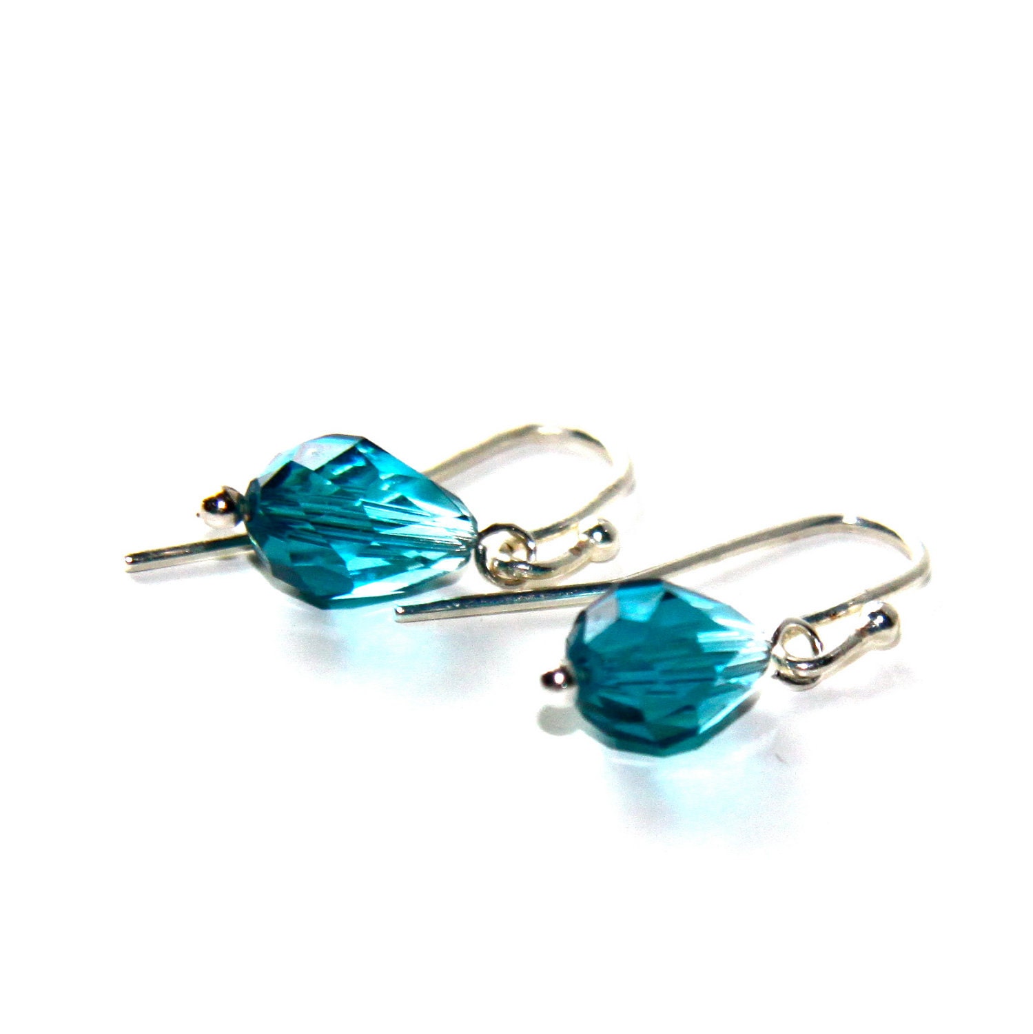 Simple & Sweet . Aqua Teal Turquoise Blue Swarovski Crystal Teardrops Sterling . Dangle Earrings . December Birthstone . Something Blue  T02