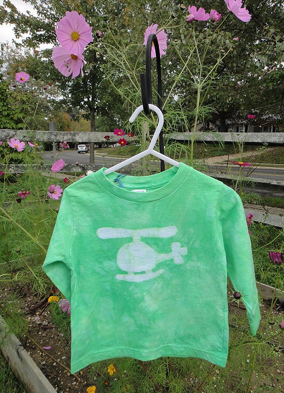 Toddler T-Shirt: Green with Batik Helicopter, Long Sleeves (3T) READY TO SHIP