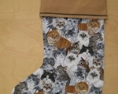 Cats Christmas Stocking 16"L x 12.5"W Khaki Felt Cuff, Embroidered Decorative Stitch, Interface & Cotton Lining, Invisible Stitching