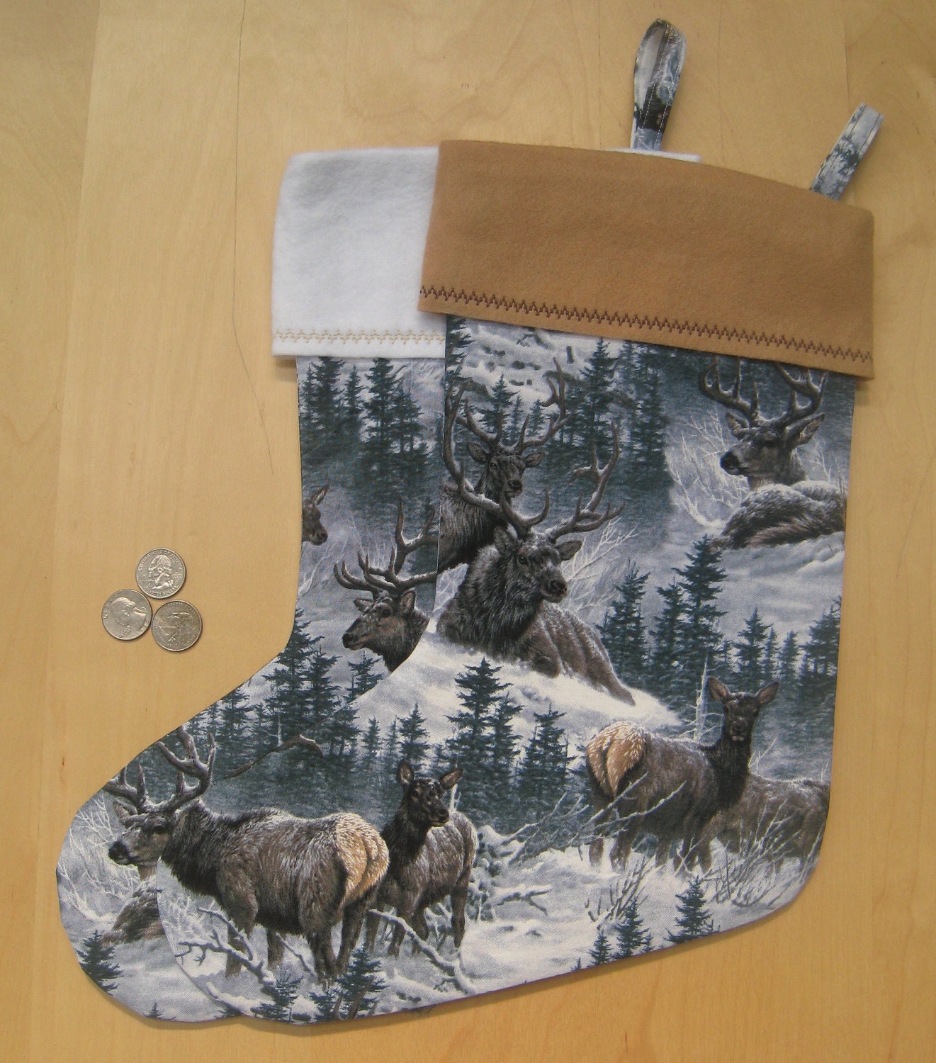 Elks Christmas Stocking 16"L x 12.5"W White or Khaki Felt Cuffs, Embroidery, Interface & Cotton Lining, Invisible Stitching