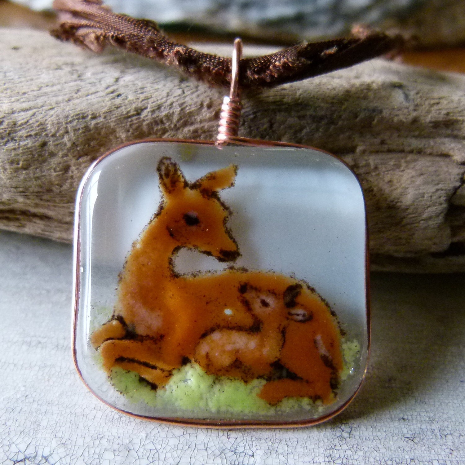Sale Deer mom and baby in the garden - fused glass pendant