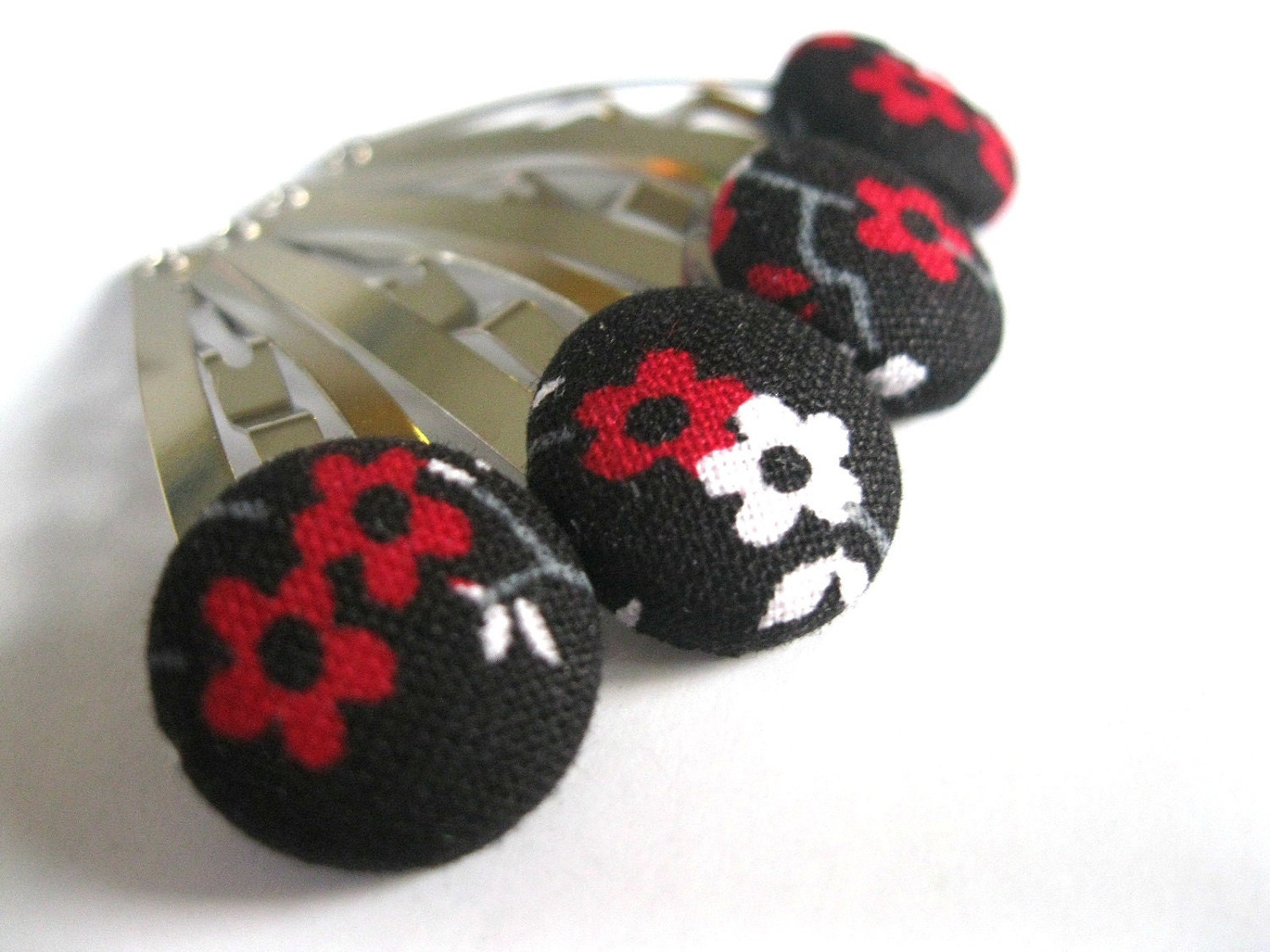 Snap Hair Clips : Funky Hair Barrettes - Set of four  Black, Red, and White Posies