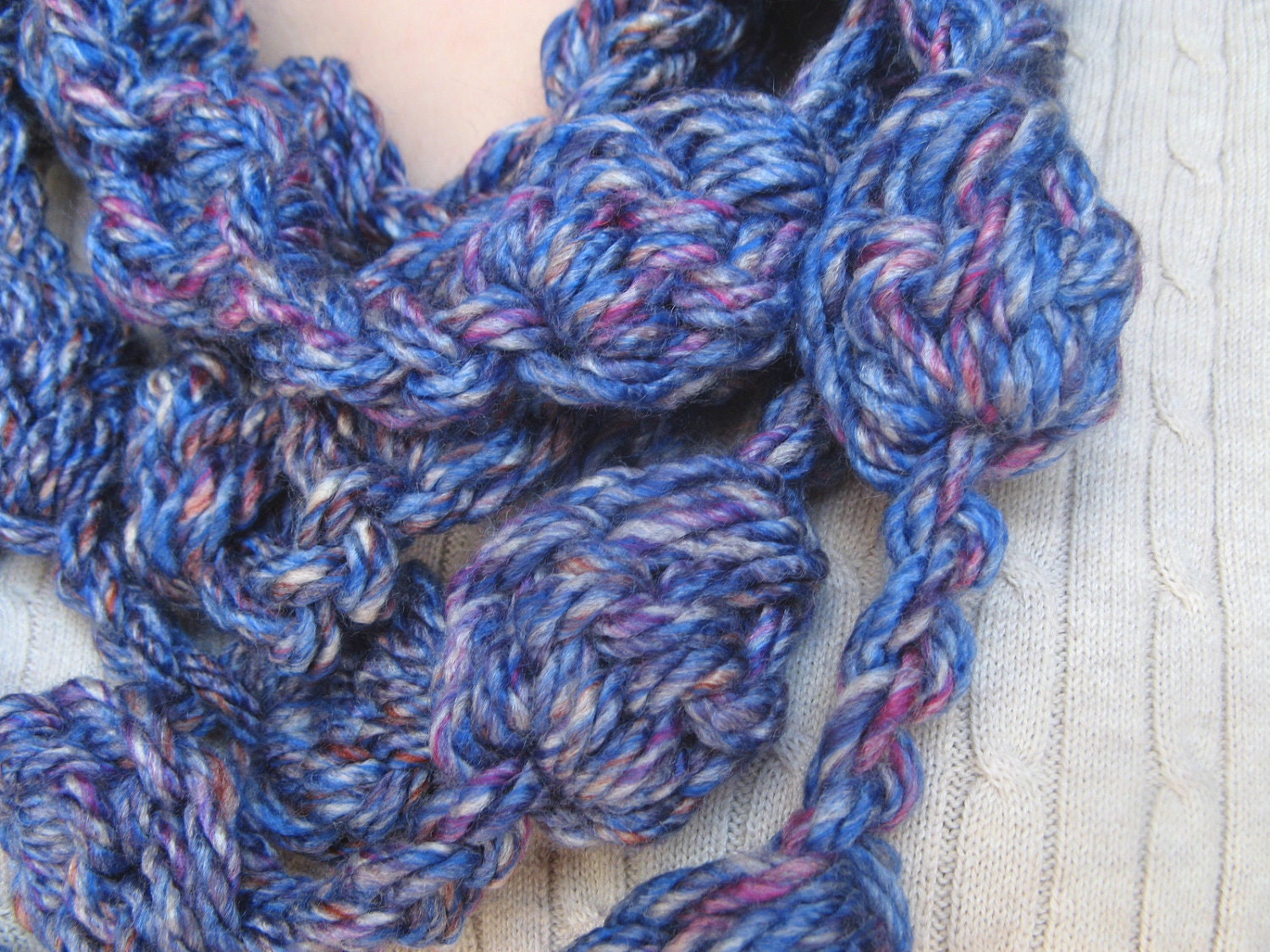 Crochet Yarn Necklace Bobble Chunky Blue Purple Magenta 5 Yards