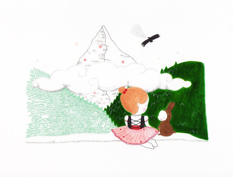 Heidi - Swiss Girl with brown rabbit - Eagle and Mountains