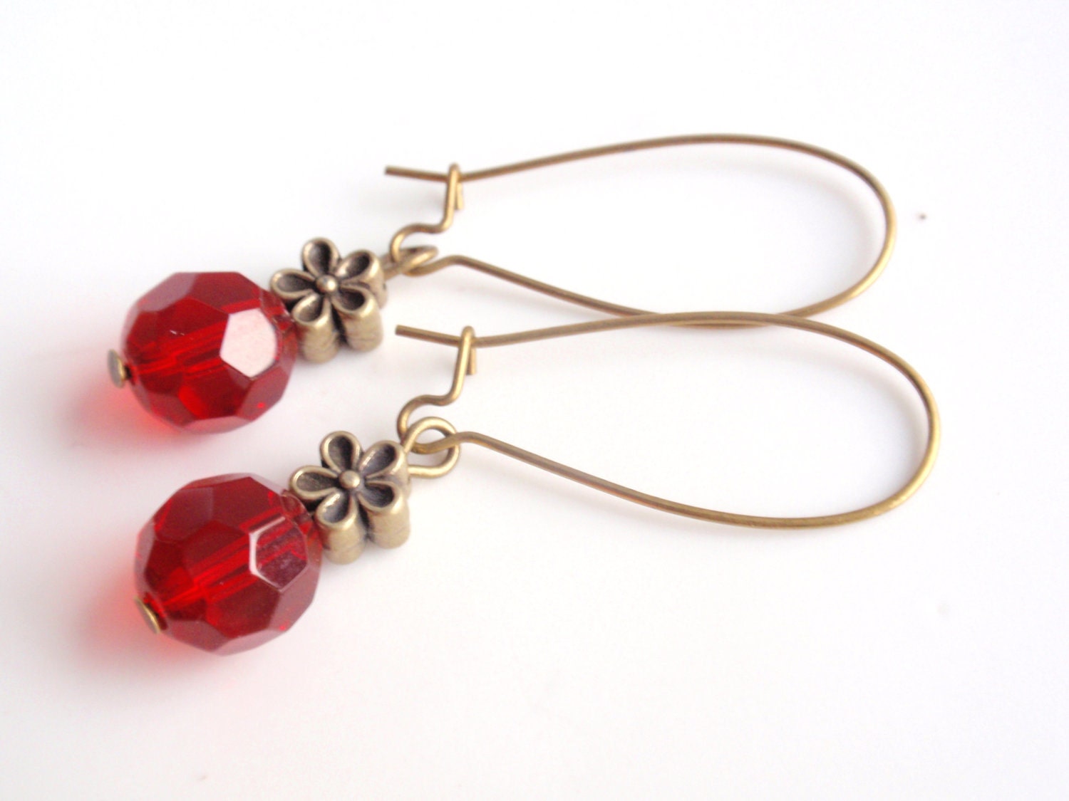 Red Glass Brass Long Earrings Flower Love