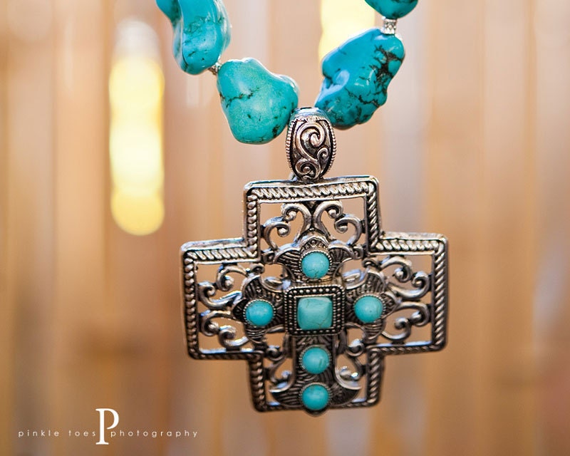 Cross Pendant with Semi Precious Turquoise Howlite Nugget Beads and Angel WIngs Charm
