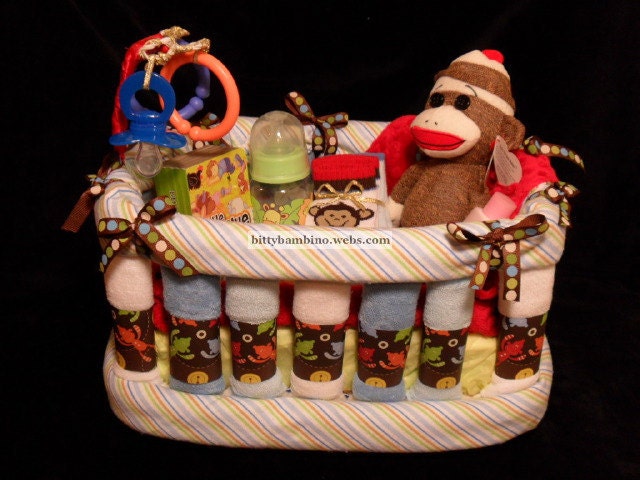 Crib Diaper Cake - Boy Sock Monkey Diaper and Washcloth Crib - Deluxe Model with Handmade Baby Gift Set