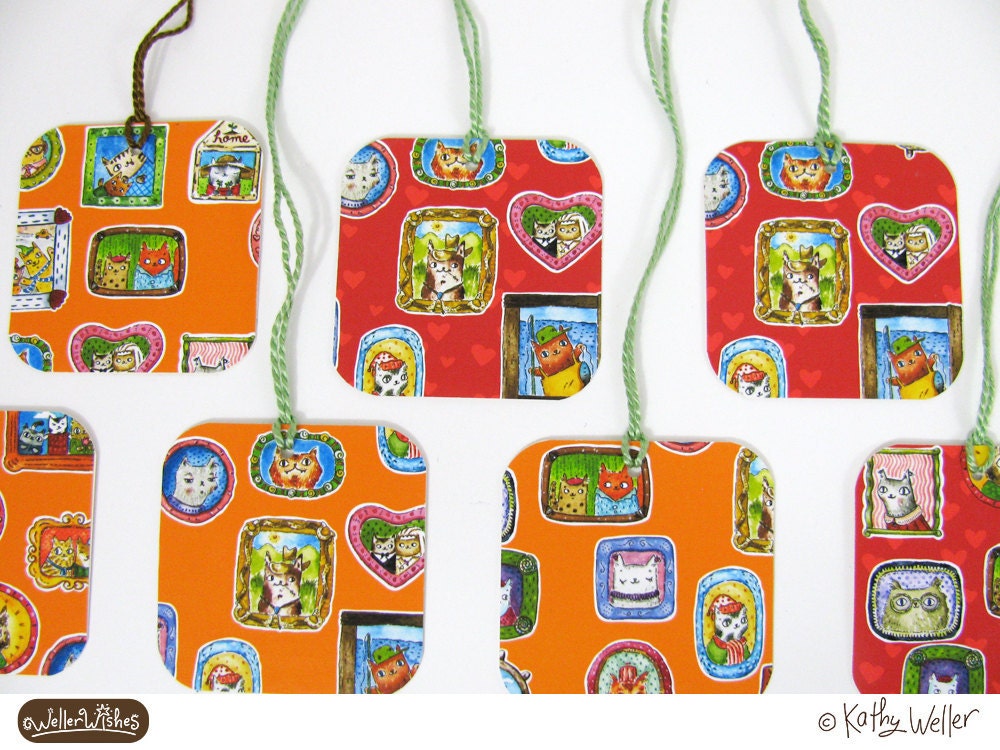 Kitty Cat Gift Tags SET of FOUR Upcycled Art by Kathy Weller WellerWishes