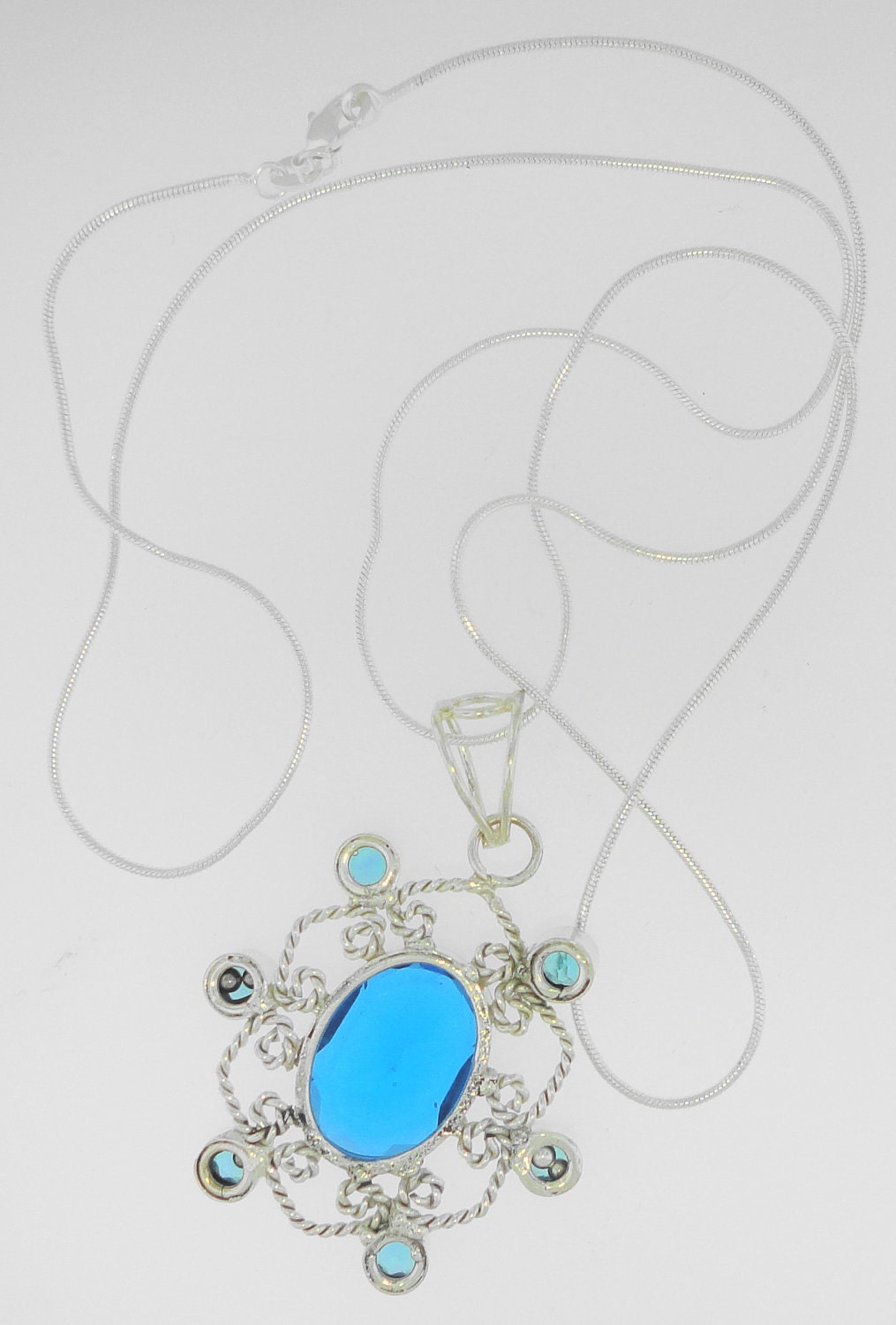 SAPPHIRE color glass SILVER tone pendant 2"