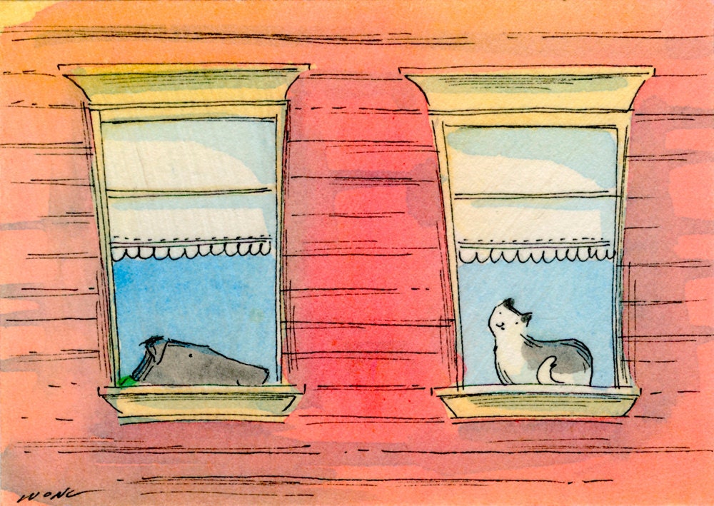 Original ACEO Painting -- Red house, 2 windows
