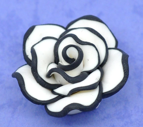 2 Medium BLACK AND WHITE Polymer Clay Rose Flower Beads