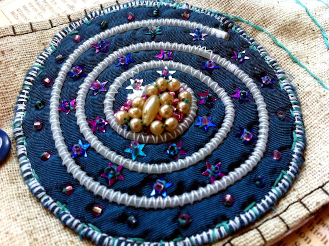 Galaxy Wrist Cuff Bracelet, Blue Satin & Oatmeal Grey Linen, Fiber Art Bracelet by Everyday Bohemian on Etsy. Free shipping worldwide.