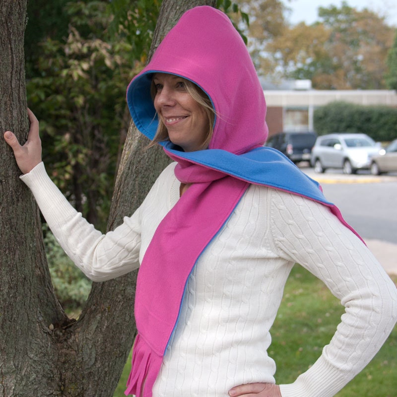 Cuddly Scoodie in Pink and Blue Polar Fleece and Blue Cotton Knit