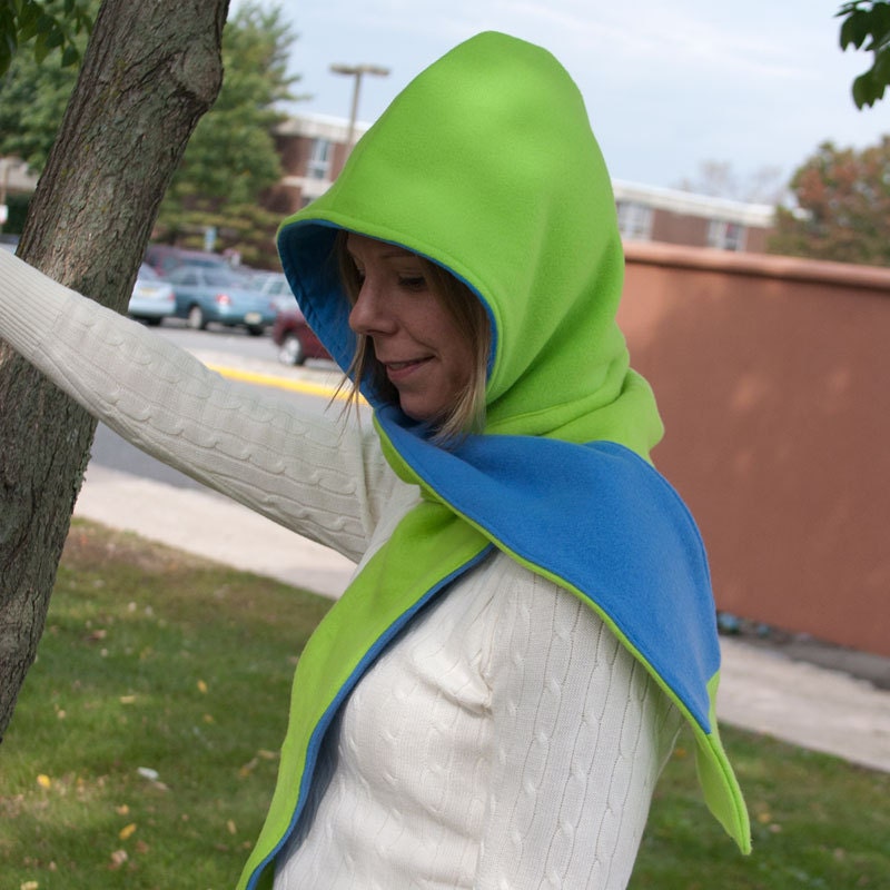 Cuddly Scoodie in Green and Blue Polar Fleece and Blue Cotton Knit