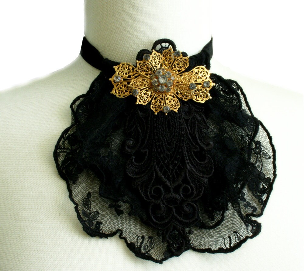 MaryBeth Venice Lace Necklace in Black & Gold by TinaEvaRenee