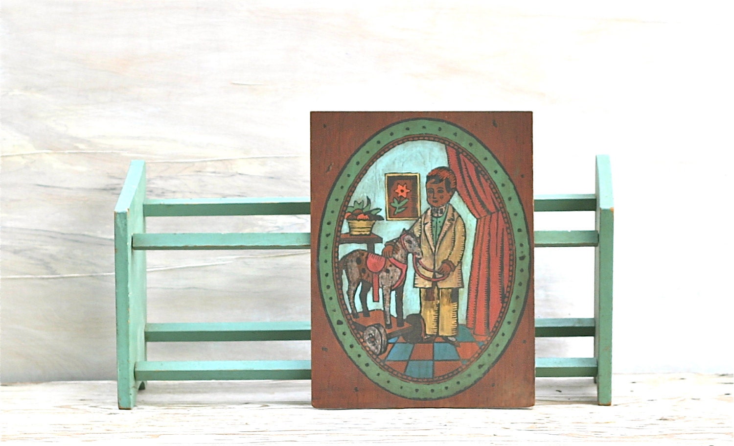 Vintage Paint By Number On Wood Panel Colonial Boy Folk Rustic Primitive