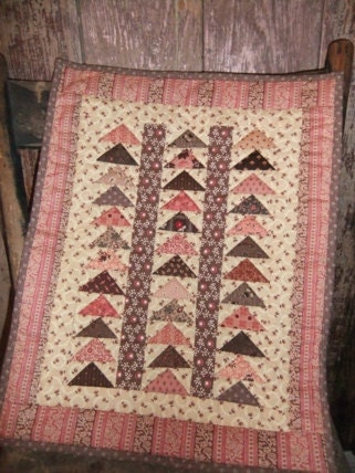 Quilted Wall Hanging Pink and Brown Flying Geese Miniature Quilt