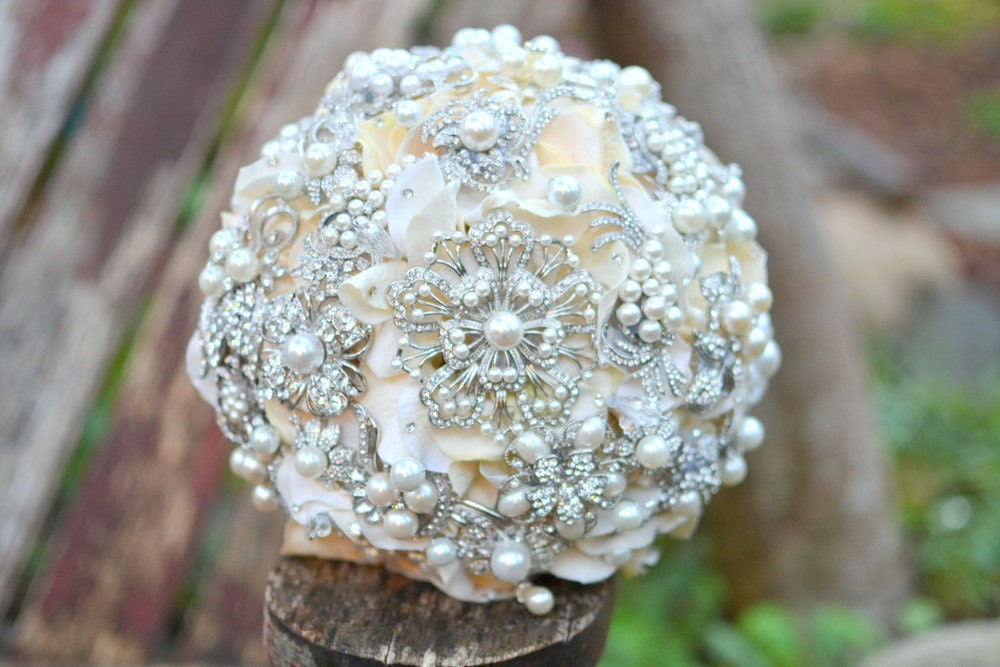 Pearl and ivory brooch wedding bouquet -- deposit on a medium made-to-order bridal bouquet