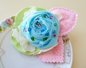 Fabric Flower Pin, Handcrafted Beaded Cabbage Rose Pin in Aqua Pink Mint Green, Flirty Sea Sprite. CLEARANCE SALE