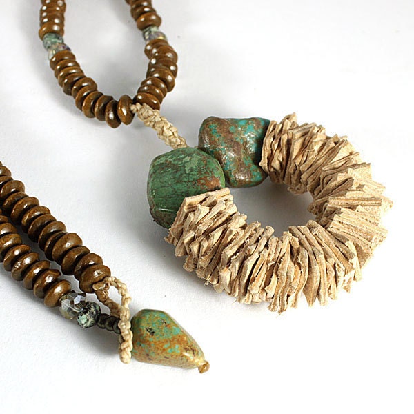 Shaman Circle Pendant with leather, wood and Turquoise