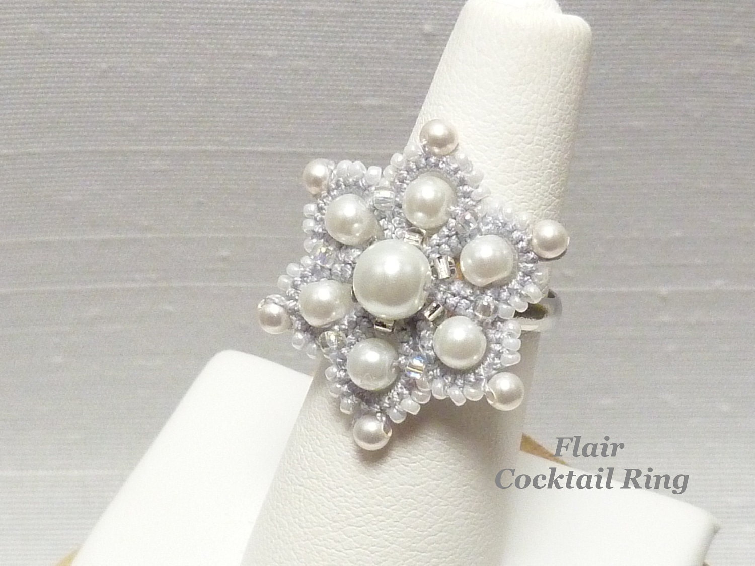 Lace Cocktail Ring Tatted silver Flower with Swarovski pearls