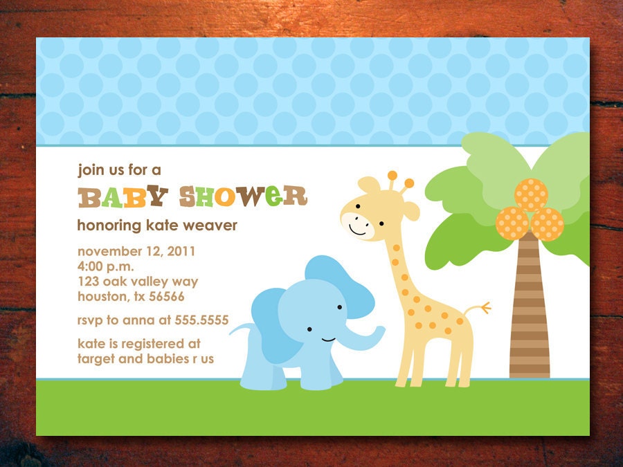 Jungle Baby Shower Invitations - elephant giraffe palm tree safari invites - gender neutral (DIY Printable Digital File OR Printed Cards)