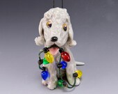 Bedlington Terrier Ornament with Christmas lights Porcelain Sculpture