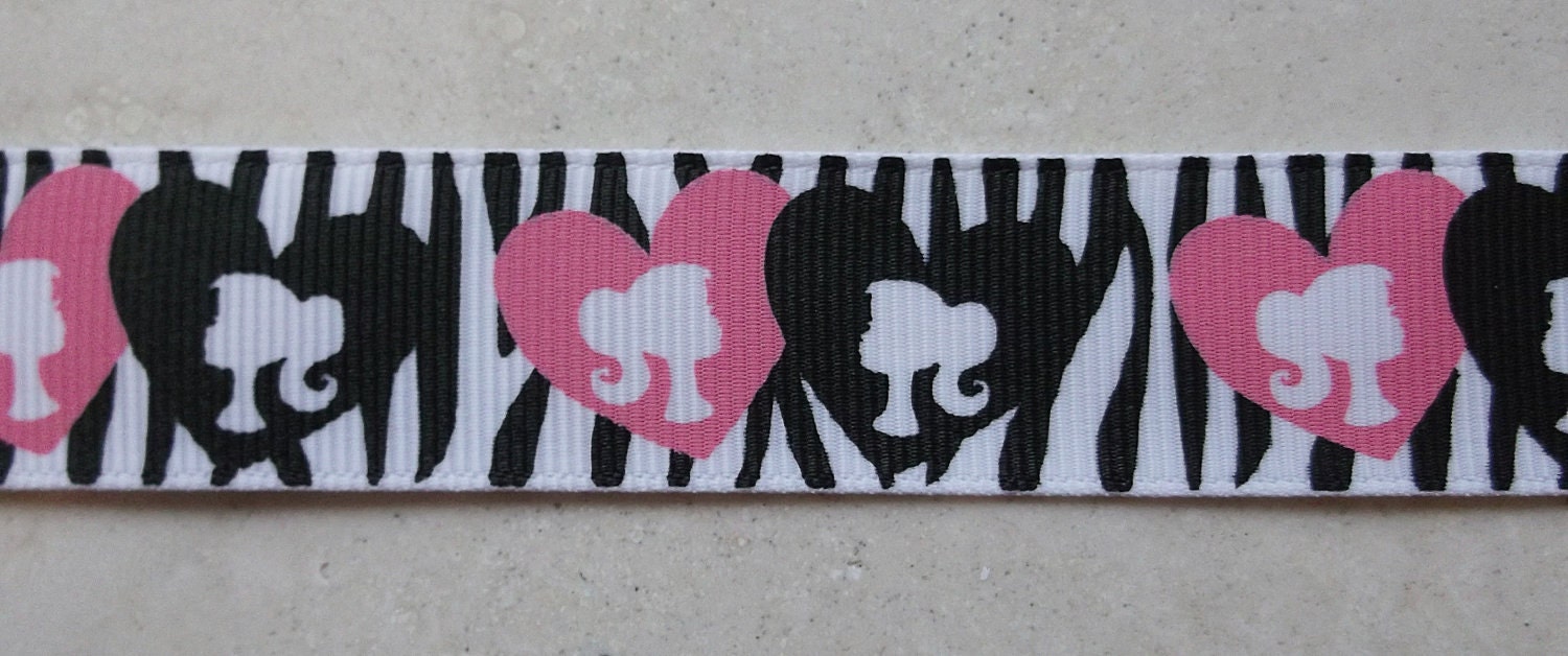 Barbie Inspired silhouettes in pink & black hearts on zebra 7/8" grosgrain ribbon Il_170x135