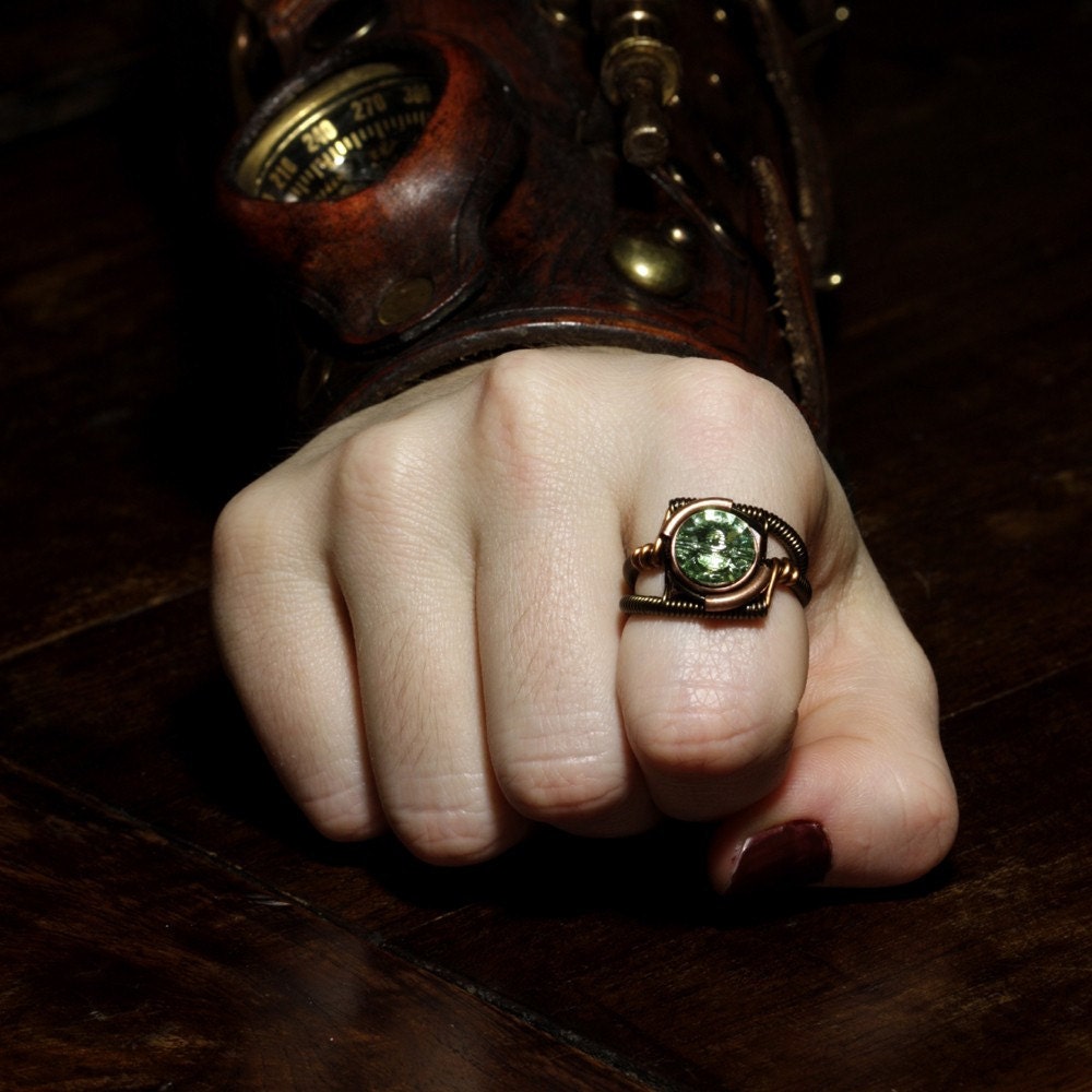Steampunk Jewelry - RING - Chrysolite Green Swarovski Crystal