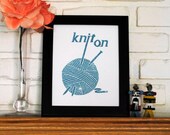Knitting Block Print - 8x10 inch Turquoise Blue Linocut Print