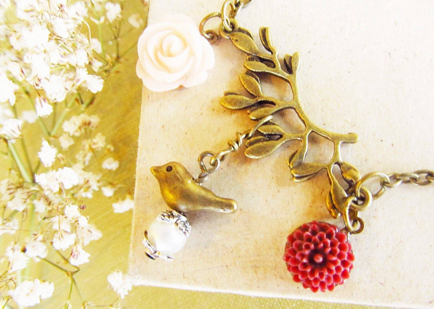 Charm Necklace, brass bird, flower garden necklace, nature necklace, brass leaf filigree, antique chain