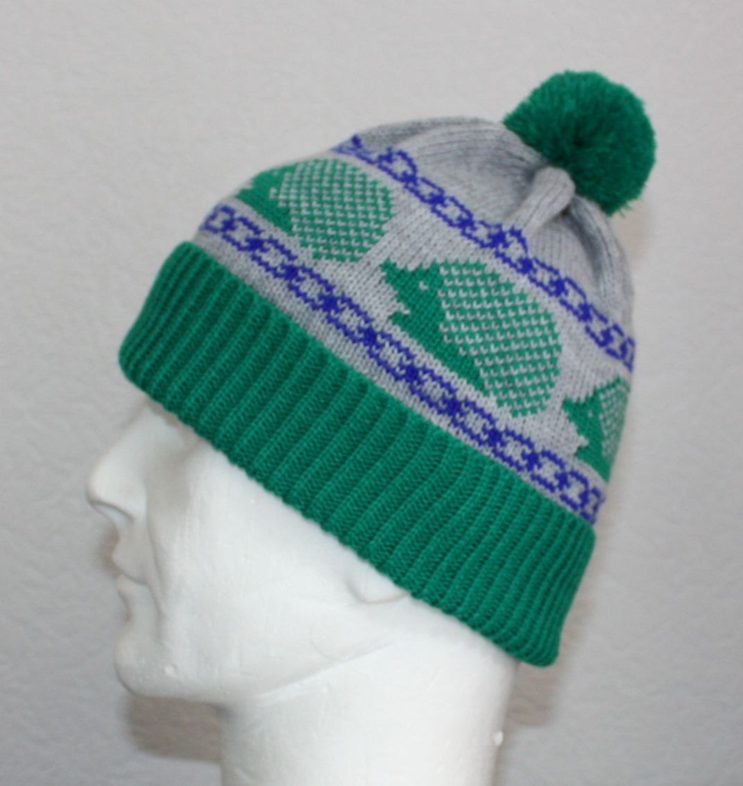 Machine knit Pompom Beanie Hat Green & Grey with Hedgehogs