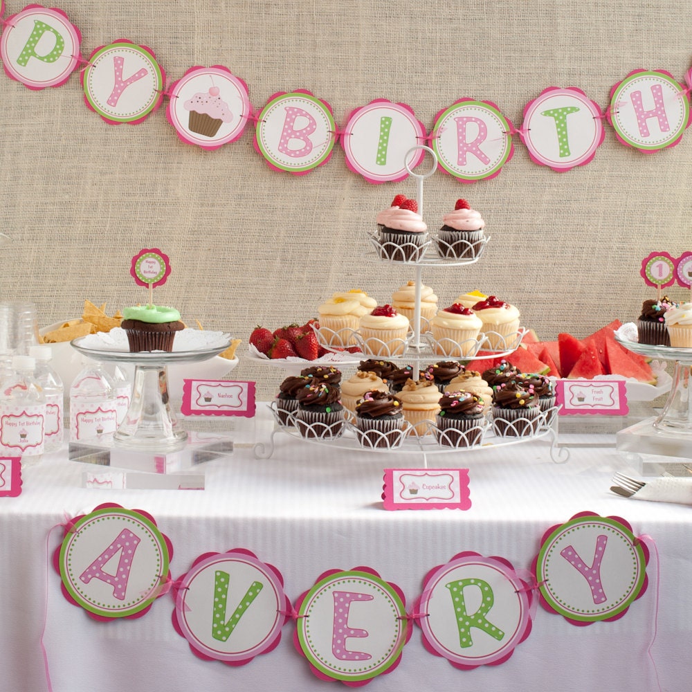 Cupcake Birthday Party - HAPPY BIRTHDAY Banner - Cupcake Birthday Party Sign - Cupcake Party Decorations in Hot Pink and Green