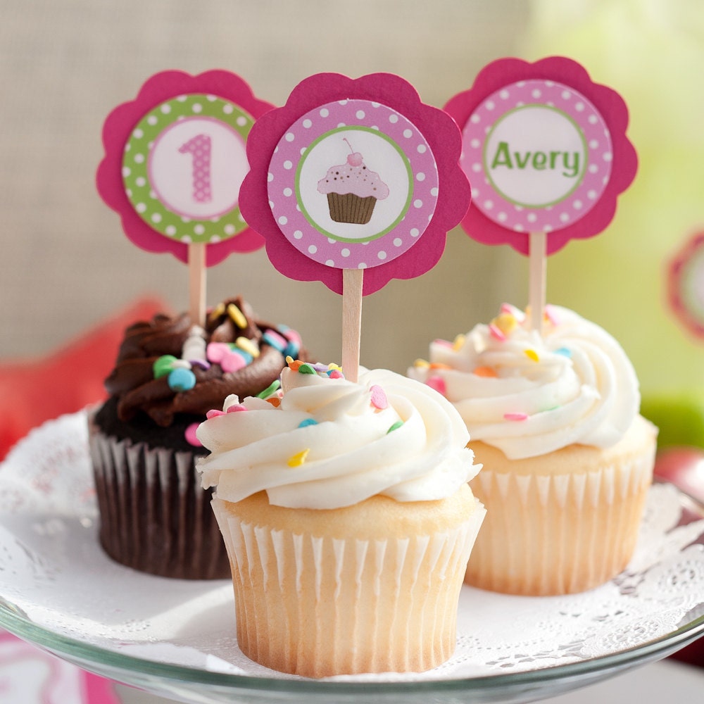 Cupcake Decorations: CUPCAKE TOPPERS - Cupcake Theme Birthday Party - Cupcake Decorations - Cupcake Toppers in Hot Pink and Green