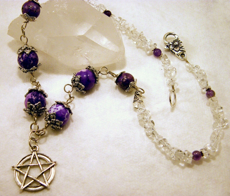 Wiccan Purple Magnesite and Quartz Crystal Pewter Pentacle Pentagram Necklace
