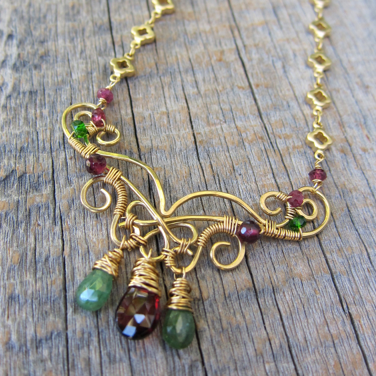 Yule 2011 Necklace ... Wire Wrapped Garnet and Tsavorite over Gold