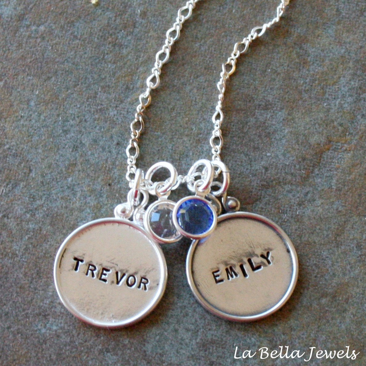 Custom Personalized Framed Names Duo Hand Stamped Two Name Birthstone Necklace