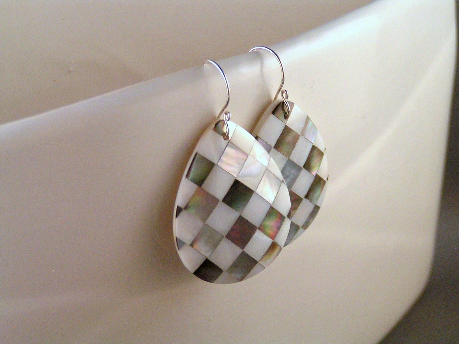 Checkered Mother of Pearl Earrings - White & Silver