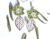 Crochet flower  Earrings filigre leaves ,lime green flower women dangle earrings - seragun