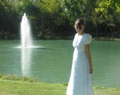 Regency dress with white flocked overlay layered over blue solid